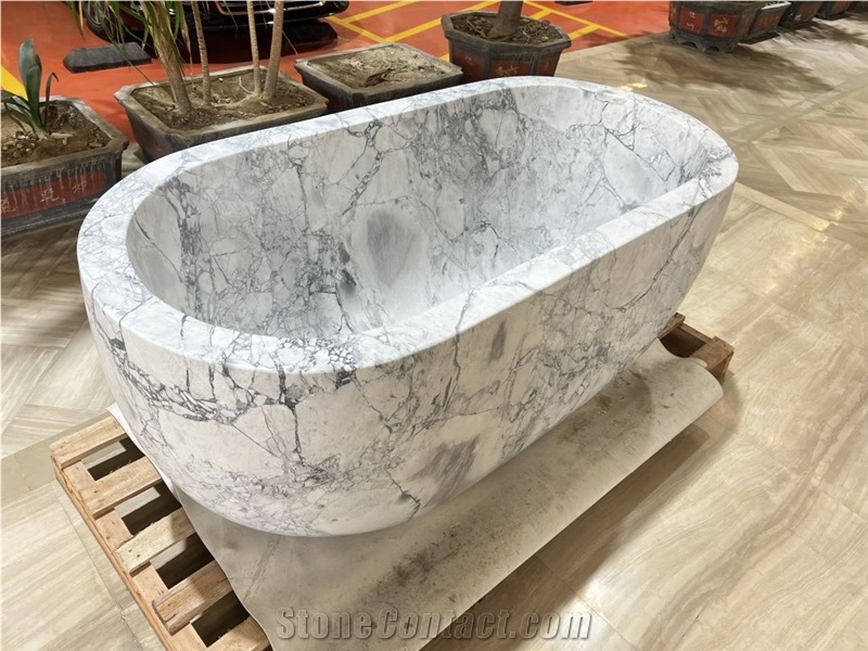 Indoor Carrara White Oval Marble Bathtub