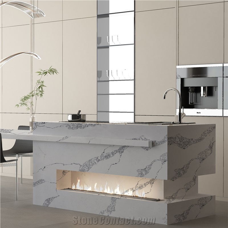 Aritificial Grey Vein Sink Cut 5046 Quartz Kitchen Countertop