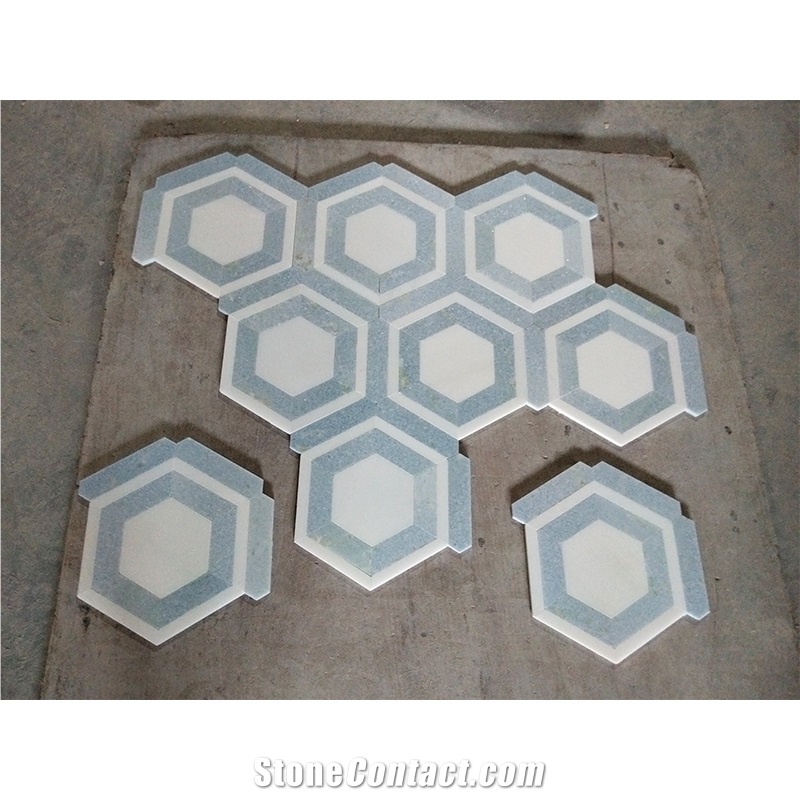 Blue Marble And Thassos White Hexagon Mosaic Tiles
