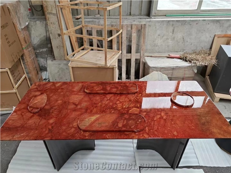 8 Seaters Marble Red Jasper Dining Table For Restaurant