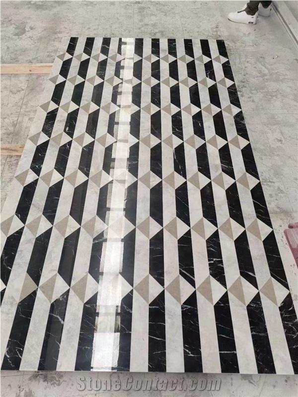 Marble Black And White Water-Jet Mosaic For Kitchen Floor