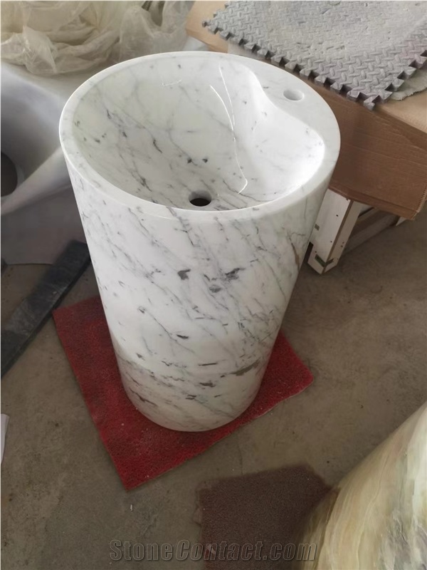 Marble Statuario Pedestal Round Sink With Faucet For Bath