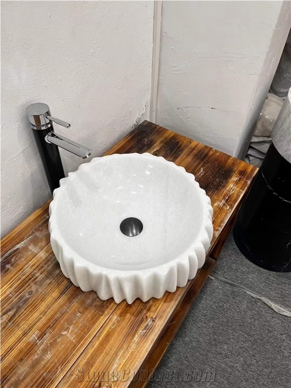 Marble Thassos White Chess Design Flute Round Art Wash Basin