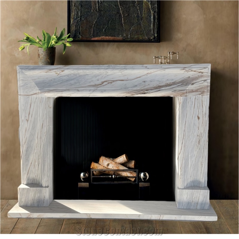 White Marble With Gold Line Fireplace