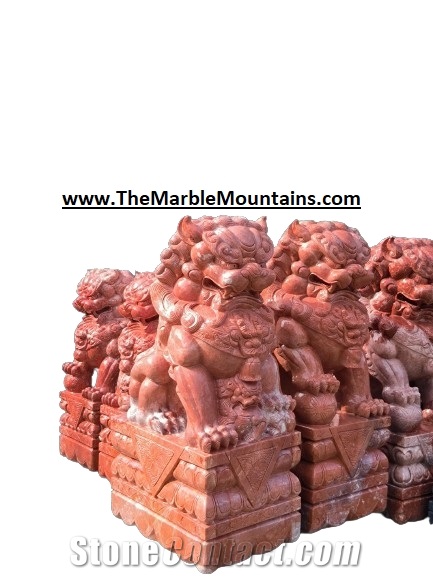 Viet Nam Desert Pink Marble Foo Dog Sculptures