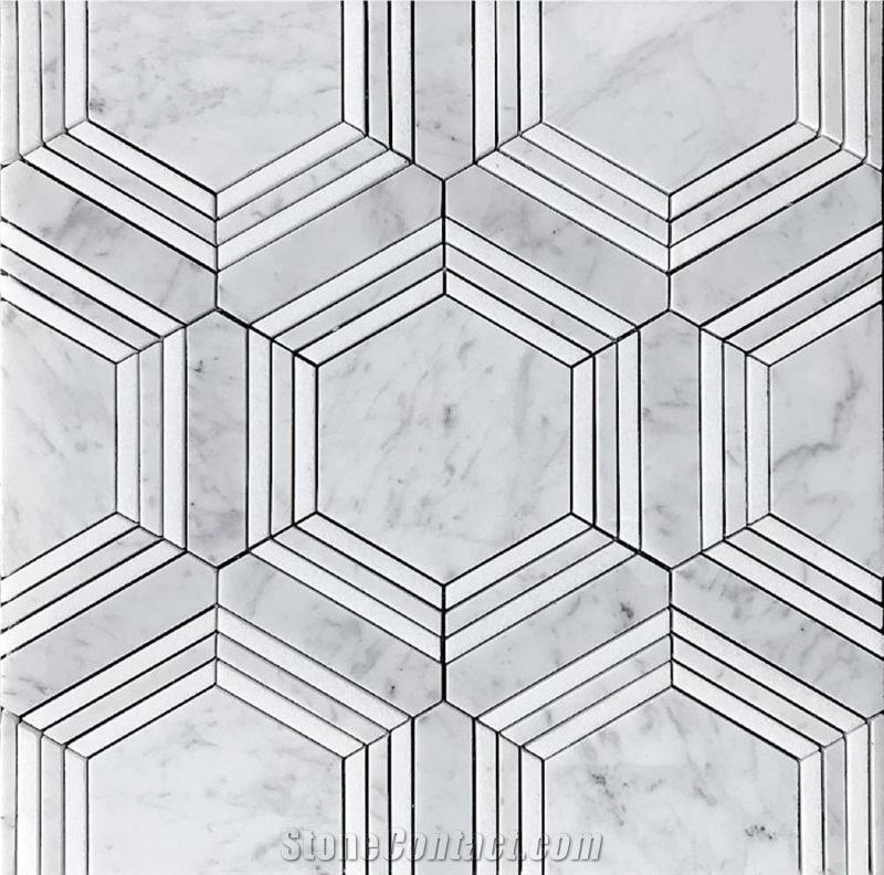Hexagon Carrara Bianco Marble Mosaic Tiles For Flooring