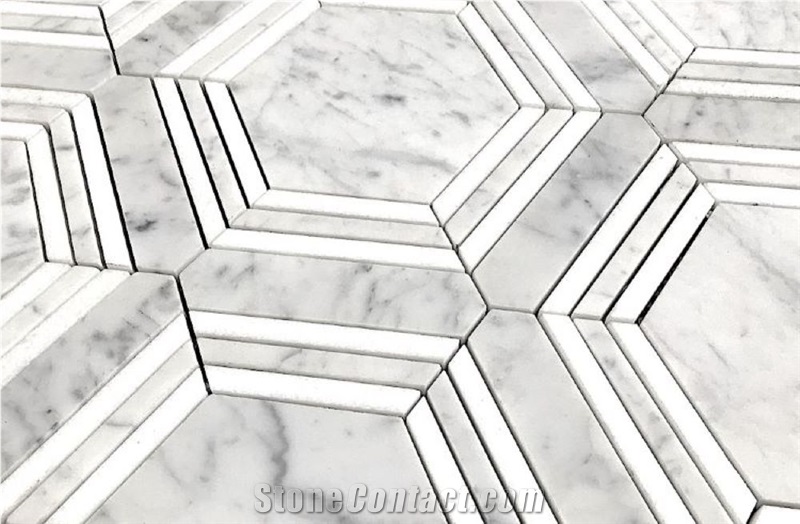 Hexagon Carrara Bianco Marble Mosaic Tiles For Flooring