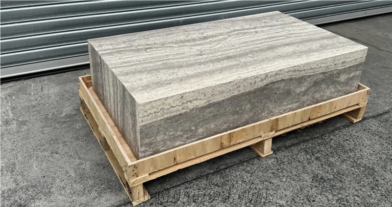Marble Stone Plinth Polished Silver Travertine Coffee Table