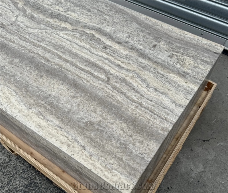 Marble Stone Plinth Polished Silver Travertine Coffee Table
