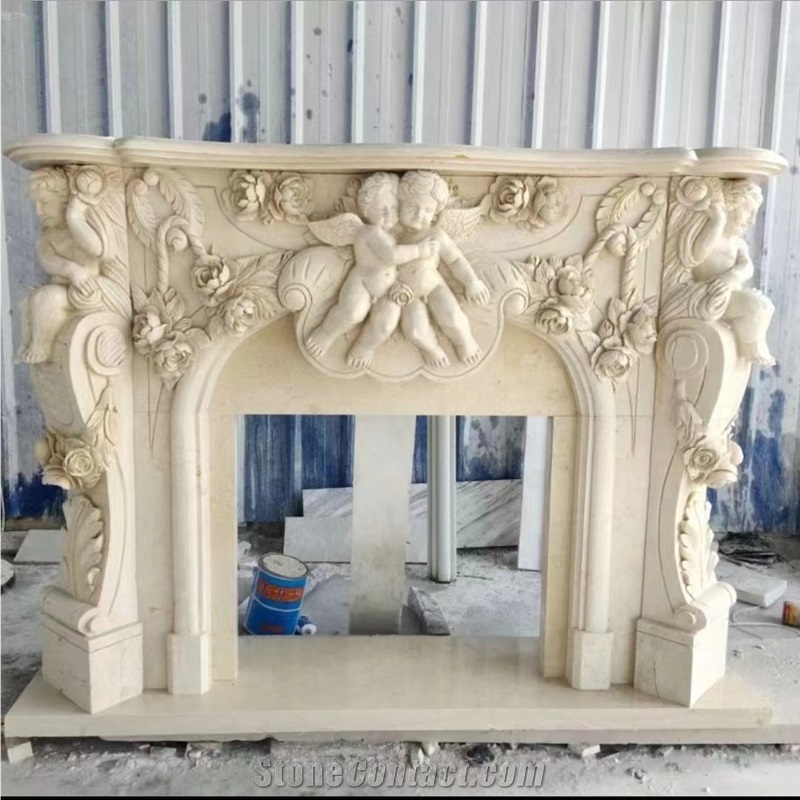 Carved Angels Beige Limestone Fireplace Mantel For Indoors