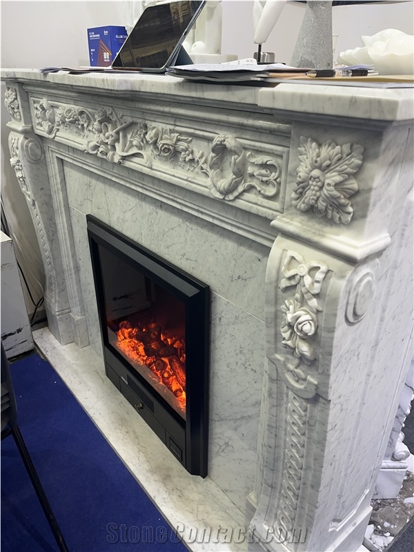 Sculptured Italian Marble Statuario Indoor Fireplace