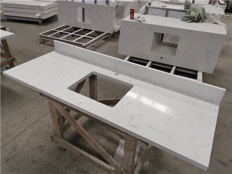 Artificial Carrara White Quartz Bathroom Vanity Tops