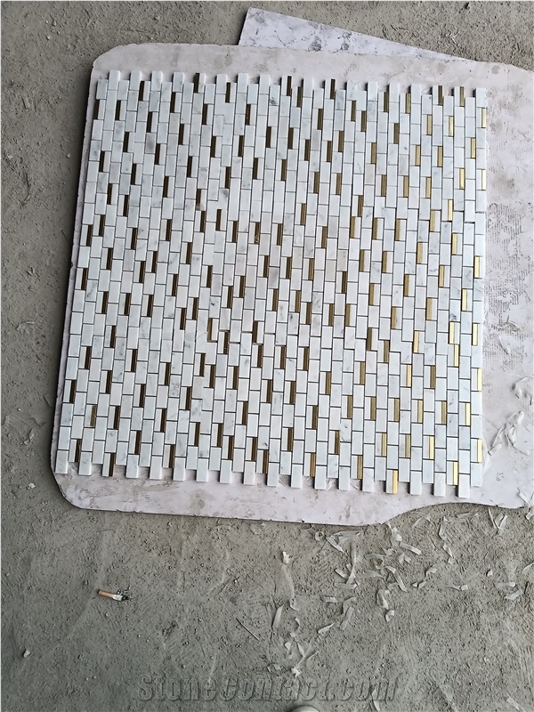 Brass Inlaid Cararra White Marble Stone Mosaic Tiles