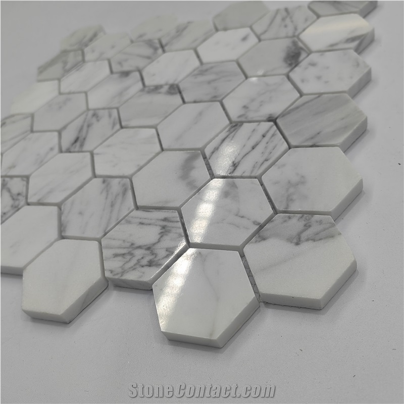 Hexagonal Carrara White Marble Mosaic Tiles