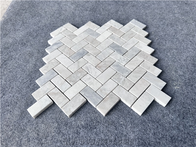 White Marble Herringbone Shape Mosaic Tiles