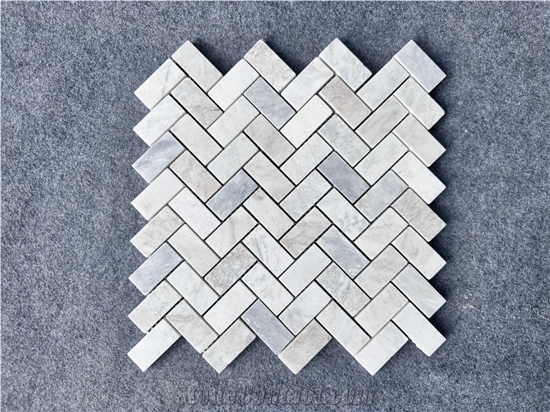 White Marble Herringbone Shape Mosaic Tiles