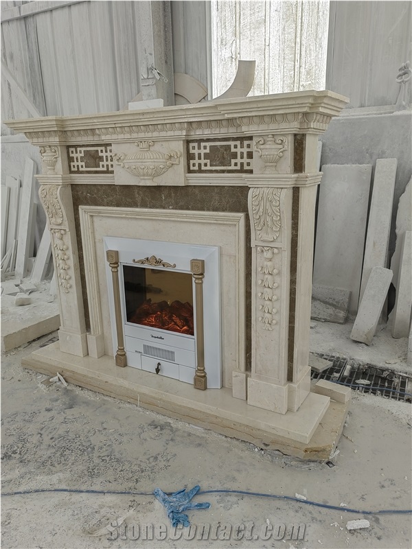 Modern Indoor Decorative Beige Marble Fireplace Mantel