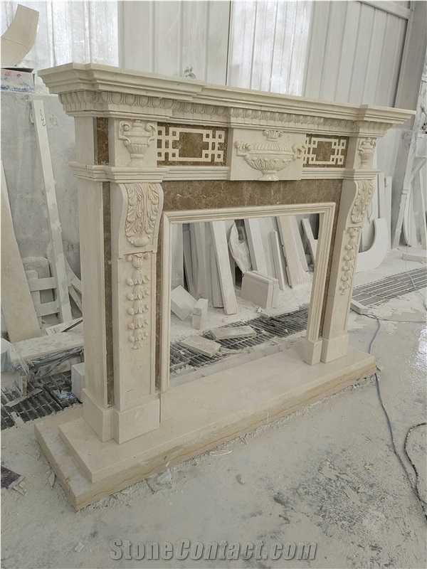 Modern Indoor Decorative Beige Marble Fireplace Mantel