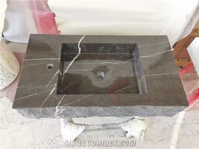 Pietra Gray Marble Rectangle Sink With Natural Outer Finish