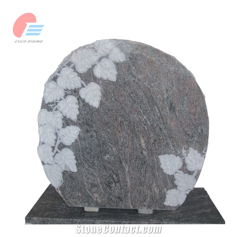 Paradiso Granite Circular Tombstone With Engraved Grape Leaves