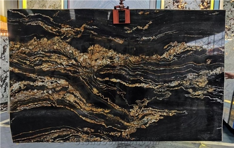 Luxury Gold Veins Black Fusion Granite Slab For Floor Tiles