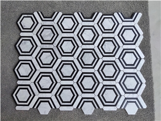 Carrara Bianco Honed Hexagon Nero Strip Mosaic Tiles