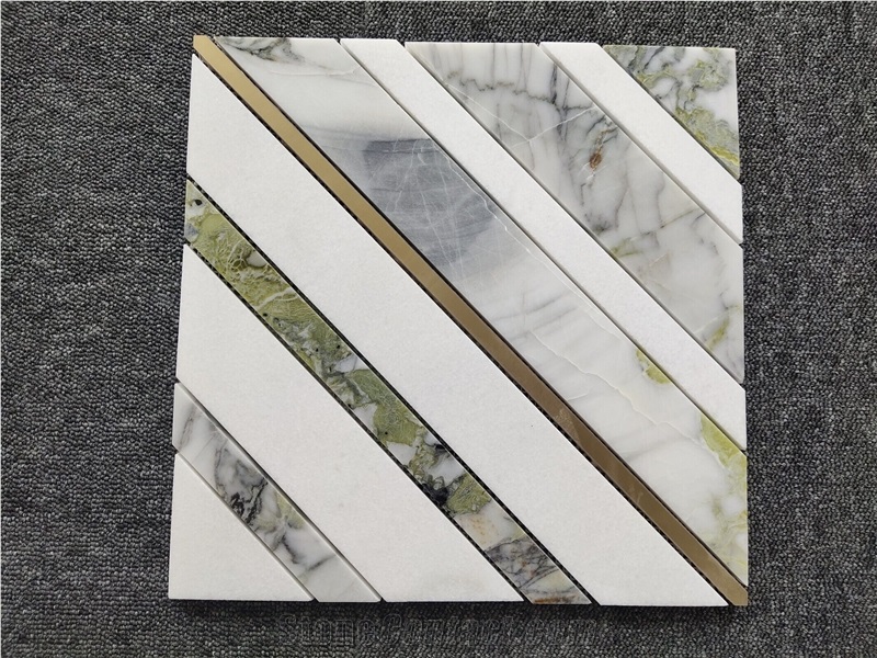 Emerald Green - White Marble Stripped Mosaic Tiles