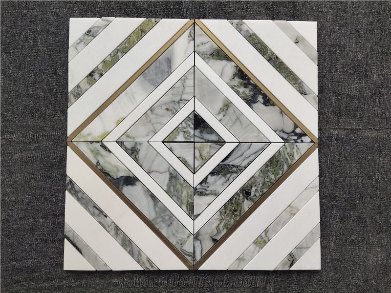 Emerald Green - White Marble Stripped Mosaic Tiles