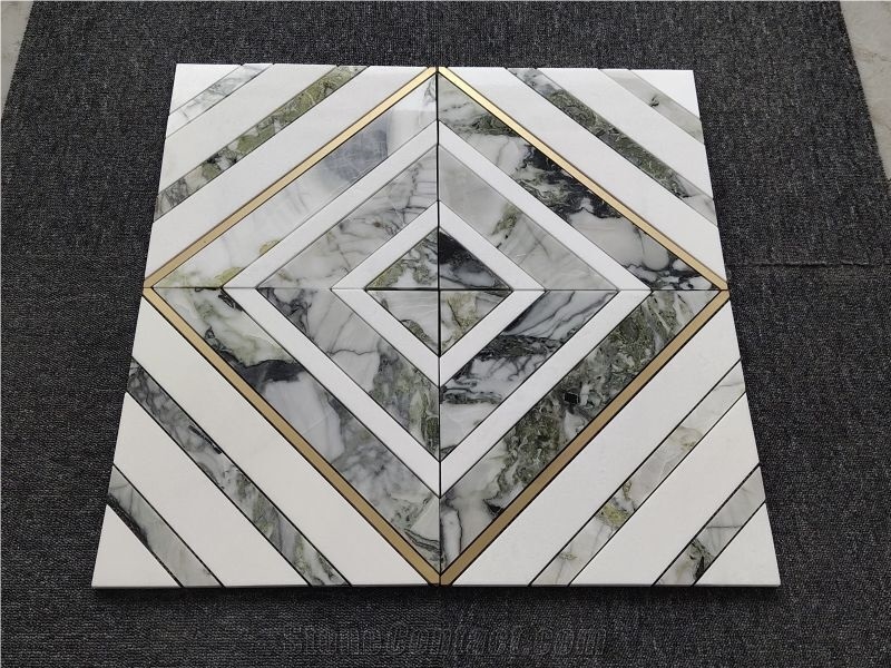 Emerald Green - White Marble Stripped Mosaic Tiles