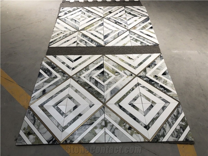 Emerald Green - White Marble Stripped Mosaic Tiles