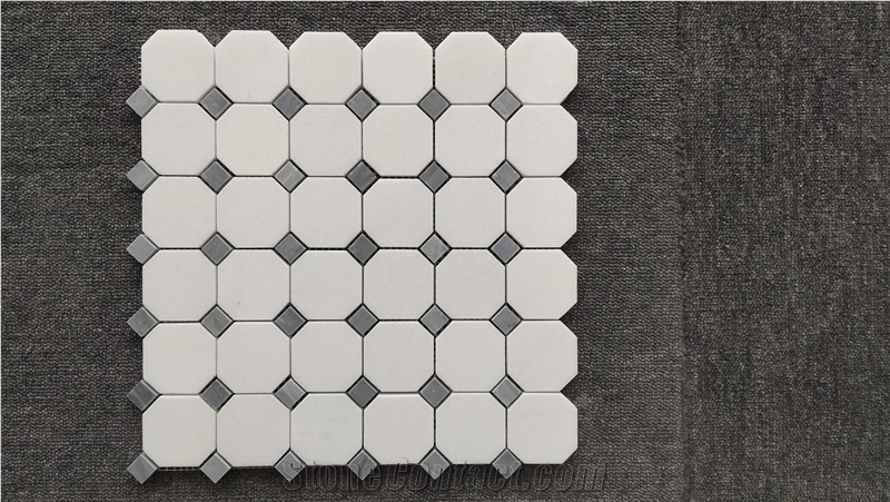 Thassos White Marble Octagon Mosaic Tiles With Grey Dots