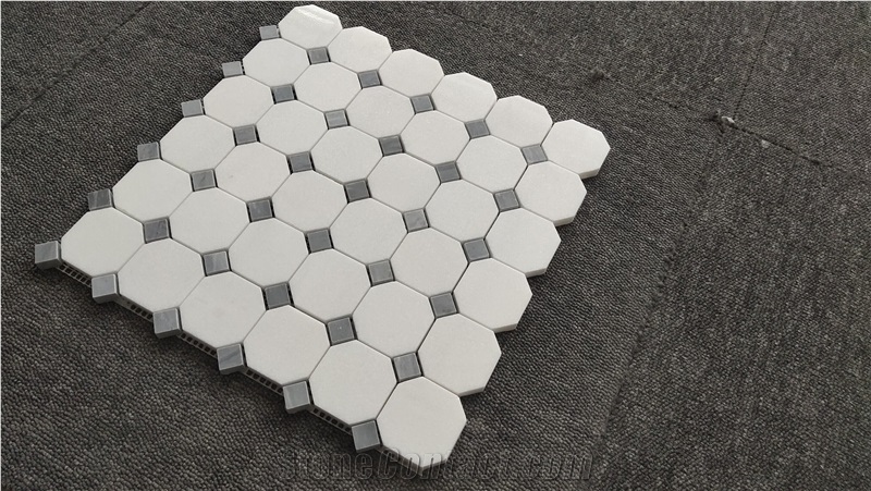 Thassos White Marble Octagon Mosaic Tiles With Grey Dots