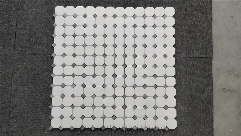 Thassos White Marble Octagon Mosaic Tiles With Grey Dots