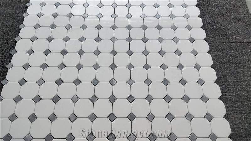 Thassos White Marble Octagon Mosaic Tiles With Grey Dots