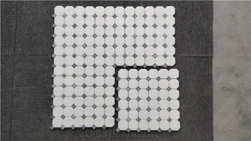 Thassos White Marble Octagon Mosaic Tiles With Grey Dots