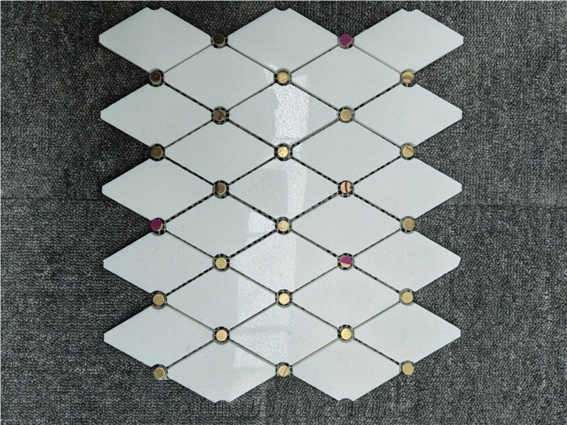 White Marble Elongated Octagon With Gold Dots Mosaic Tiles