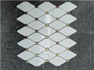 White Marble Elongated Octagon With Gold Dots Mosaic Tiles