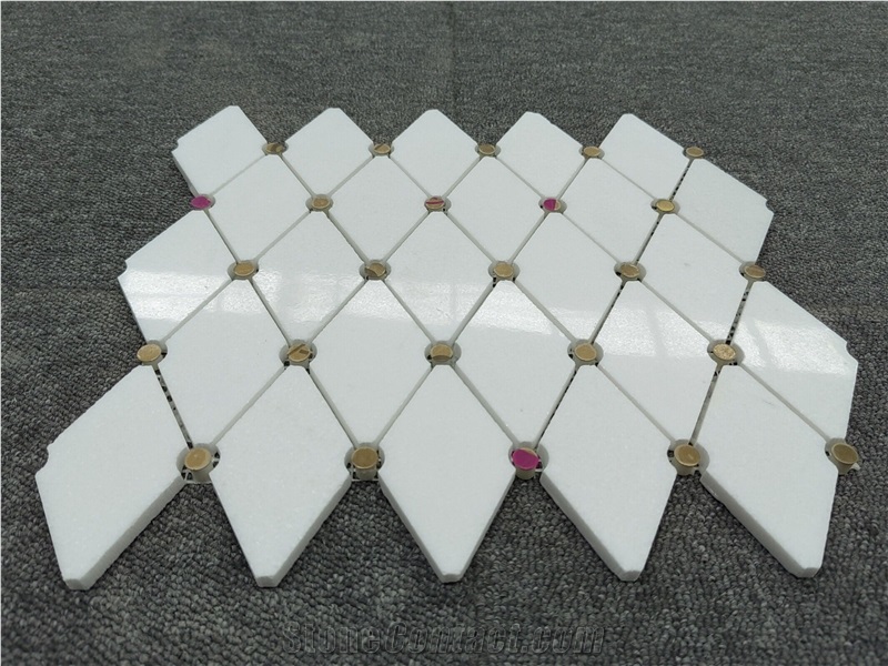 White Marble Elongated Octagon With Gold Dots Mosaic Tiles