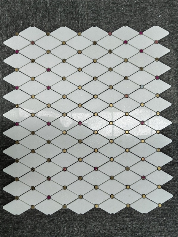White Marble Elongated Octagon With Gold Dots Mosaic Tiles