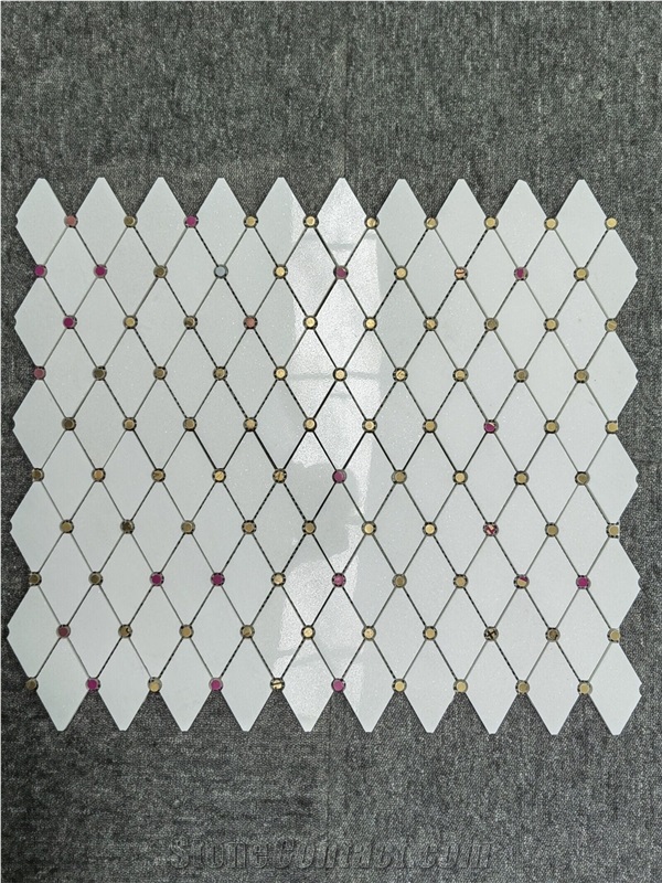 White Marble Elongated Octagon With Gold Dots Mosaic Tiles