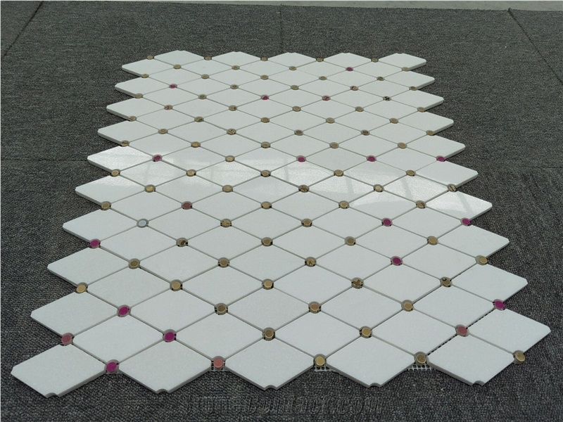 White Marble Elongated Octagon With Gold Dots Mosaic Tiles