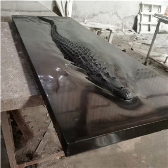 Crocodile In Water Landscape Sculpture Carved Pure Black Marble