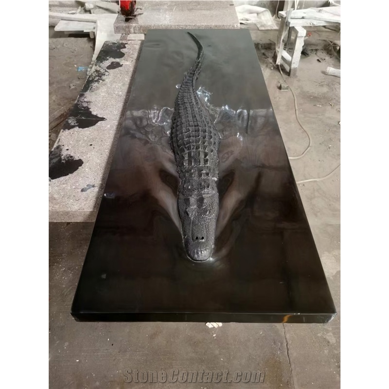 Crocodile In Water Landscape Sculpture Carved Pure Black Marble