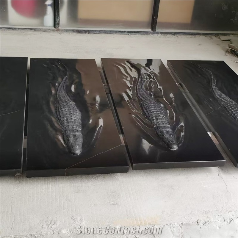 Crocodile In Water Landscape Sculpture Carved Pure Black Marble