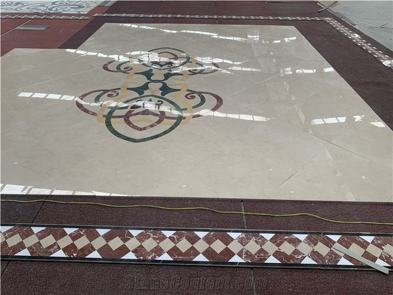 Beige Marble Waterjet Inlay Floor Medallions For Hotel