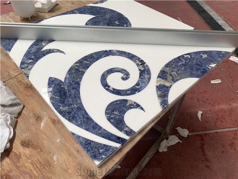 Blue Sodalite Stone Waterjet Inlay Pure White Marble Floor Medallions