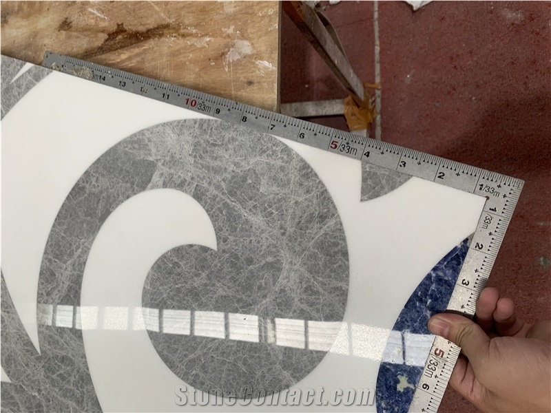 Blue Sodalite Stone Waterjet Inlay Pure White Marble Floor Medallions