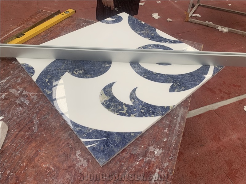 Blue Sodalite Stone Waterjet Inlay Pure White Marble Floor Medallions