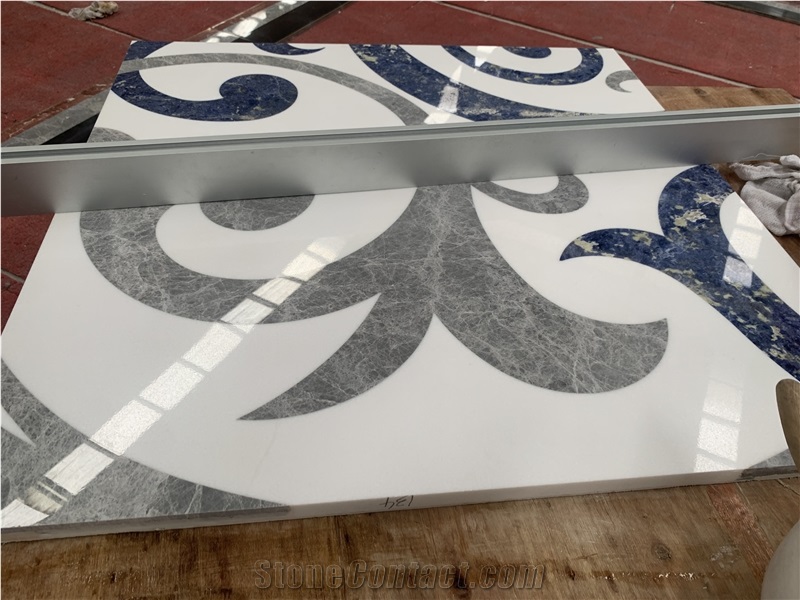 Blue Sodalite Stone Waterjet Inlay Pure White Marble Floor Medallions