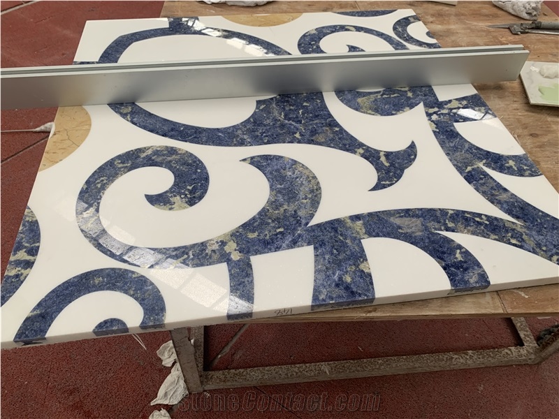 Blue Sodalite Stone Waterjet Inlay Pure White Marble Floor Medallions